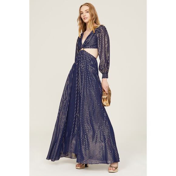 DELFI Sz Small Cerise Blue Gold Metallic Cut Out Long Sleeve O-Ring Maxi Dress - Picture 1 of 7